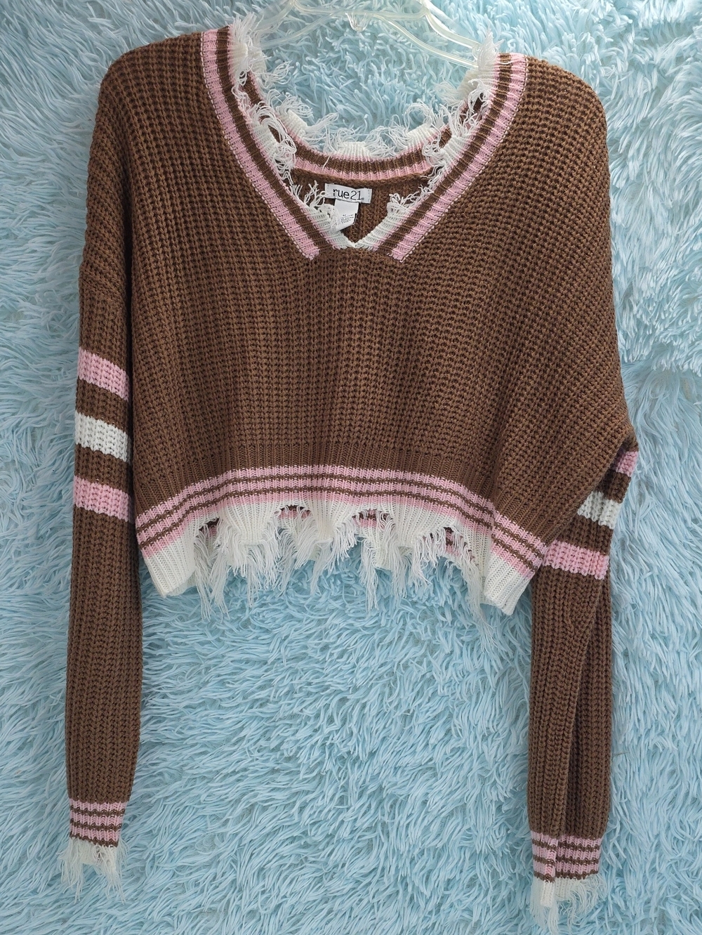 Rue21 Cropped Distressed Striped Knit Sweater Brown Pink M